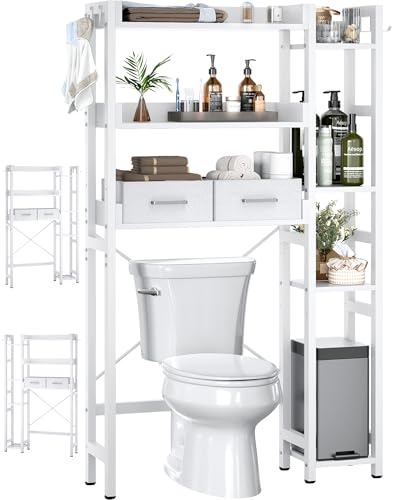 Besiost Over The Toilet Storage, 7 Tier Bathroom Organizer with Reversible Side Shelf and 2 Fabric Drawers, Adjustable Freestanding Rack Space Saver for Small Spaces, White - color: White, size: 31.1"W