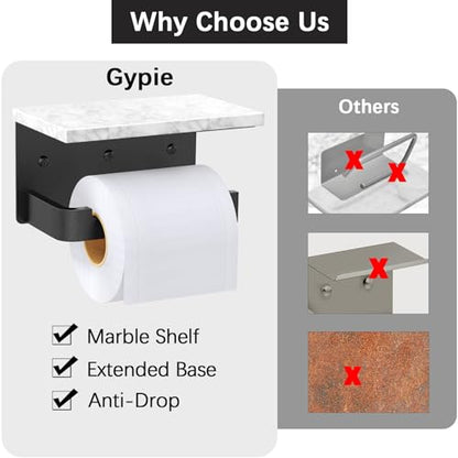Gypie Toilet Paper Holder with Shelf, Extended Base Wall Mounted, Marble Toilet Roll Holder Black for Bathroom Washroom - color: Black, size: Marble