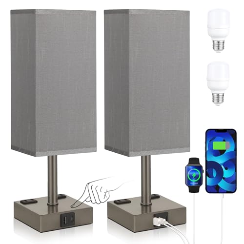 Grey Touch Lamps Set of 2 for Bedroom - Dimmable, USB C+A, 2 AC Outlets | 3-Way Dimming, 3000K LED Bulbs Included, Square Grey Lampshade Grey Base, Small Bedside Lamp for Nightstand, Desk - color: Grey-Grey