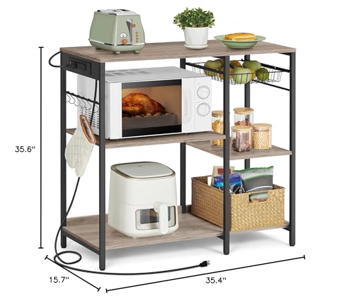 VASAGLE Baker's Rack, Coffee Bar Stand with Charging Station, 35.6 Inches Tall, Storage Shelves, Pull-Out Wire Basket, Table for Microwave, Kitchen, Heather Greige and Ink Black UKKS036K02 - color: Heather Greige + Ink Black, style: With Power Outlet
