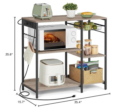 VASAGLE Baker's Rack, Coffee Bar Stand with Charging Station, 35.6 Inches Tall, Storage Shelves, Pull-Out Wire Basket, Table for Microwave, Kitchen, Heather Greige and Ink Black UKKS036K02 - color: Heather Greige + Ink Black, style: With Power Outlet