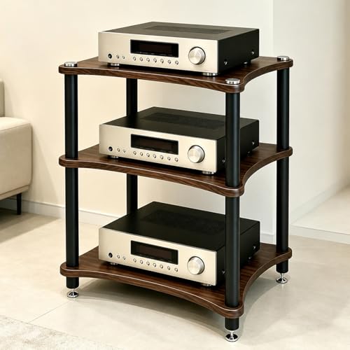 Heavy Duty 3-Tier AV Media Stand, 264 lb Load Capacity, Walnut | anti-vibration feet that help reduce resonance for clearer sound, open ventilation, cable management, Built for Hi-Fi systems - color: Black Walnut, size: 3 Tier