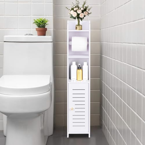 LuiceABC Toilet Paper Holder Stand, Over The Toilet Storage Cabinet for Bathroom, Slim Corner Shelf for Small Space Storage, Small Bathroom Storage Cabinet with Toilet Roll Holder & Door - White - size: 6.69 x 5.9 x 30.7 inch