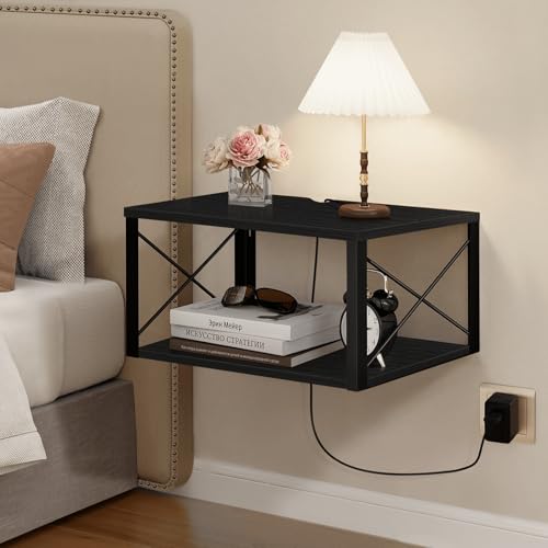 Homode Floating Nightstand, 2 Tier Wall Mounted Nightstand with Cable Hole, Wooden Floating Bedside Table, Bedside Wall Shelf for Bedroom Bathroom Living Room Kitchen Office, Black - color: Black