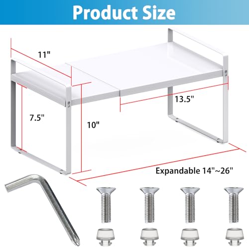 Expandable Shelf for Cabinet, 11" Deep Kitchen Cabinet Organizer, 1 Pack | Adjustable 14-26", Heavy Duty Metal Countertop Riser for Under Sink and Kitchen Cupboard Storage, 55 Lbs Anti-Sag, White - size: 11"D | 1 Pack