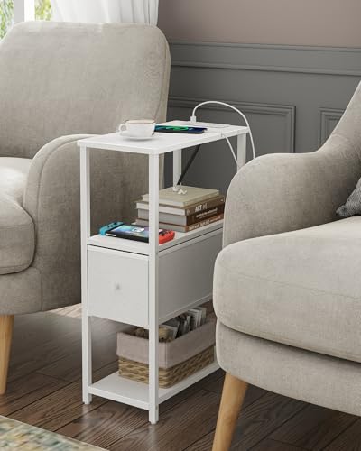TUTOTAK Small Narrow End Table with Charging Station, Set of 2, Side Table with Outlets, Nightstand with Cloth Drawer, Couch Table, for Living Room, Bedroom, Bedside, White TB01BW058 - color: White, style: 1 Drawer & Plug