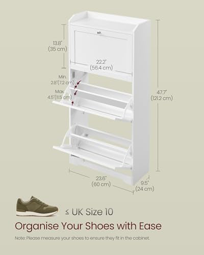 VASAGLE Shoe Cabinet with 3 Flip Drawers, Shoe Organizer, Adjustable and Removable Dividers, Holds 12-20 Pairs, Entryway, 9.4 x 23.6 x 47.7 Inches, Cloud White ULBC036WB02S - color: Cloud White, size: 9.5"d X 23.6"w X 47.7"h-shoe Cabinet