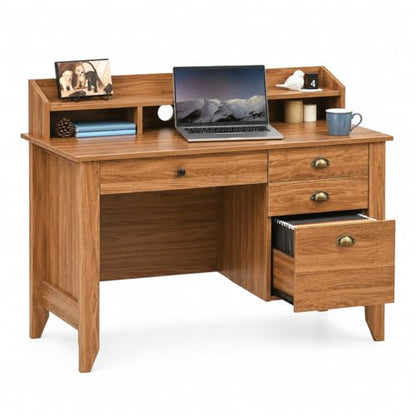 Catrimown Computer Desk with Drawers and Hutch, Farmhouse Home Office Desk with File Drawer,Student Girls Desks,Teens Writing Table, Small Computer Desk for Bedroom, Rustic Oak - color: Rustic Oak
