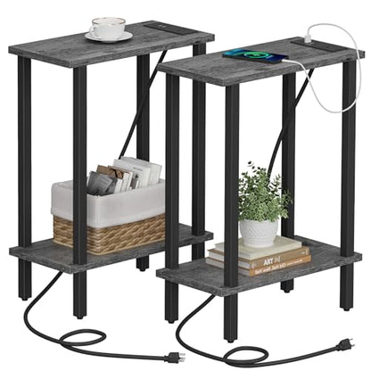 TUTOTAK Narrow Side Table Set of 2, Small End Table with Charging Station | 2-Tier Skinny Sofa Table, Slim Nightstand, Easy Assembly for Living Room, Bedroom, Grey TB01BY0602 - color: Charcoal Grey, size: 2-tier