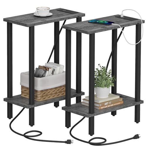 TUTOTAK Narrow Side Table Set of 2, Small End Table with Charging Station | 2-Tier Skinny Sofa Table, Slim Nightstand, Easy Assembly for Living Room, Bedroom, Grey TB01BY0602 - color: Charcoal Grey, size: 2-tier