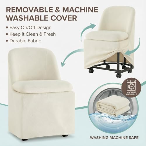 KISLOT Upholstered Dining Chairs Set of 2 with Casters, Modern Side Armless Deskchair with Washable Slipcover & Sturdy Metal Frame for Diningroom Bedroom Livingroom Reading Room, Beige Fabric - color: B Beige Fabric (Metal Frame), size: Set of 2