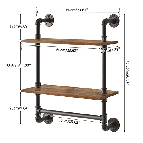 IBUYKE 2-Tiers Industrial Pipe Shelves with Towel Bar RF-TM014 | Rustic Wall Mount Bookcase,Metal Bracket Storage Wall Shelf for Bedroom, Kitchen - size: 2 Tier with Tower Bar