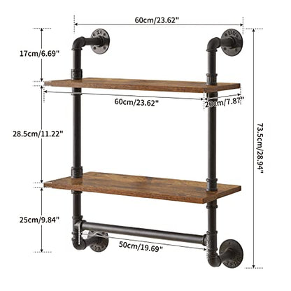 IBUYKE 2-Tiers Industrial Pipe Shelves with Towel Bar RF-TM014 | Rustic Wall Mount Bookcase,Metal Bracket Storage Wall Shelf for Bedroom, Kitchen - size: 2 Tier with Tower Bar