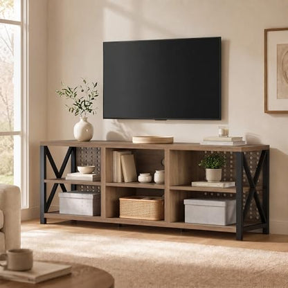 LVB Rustic Entertainment Center for 65 Inch TV, Industrial Wood and Metal TV Stand with Storage Shelf, Modern Television Media Console Table with Cabinet for Living Room Bedroom, Rustic Oak, 55 Inch - color: Rustic Oak