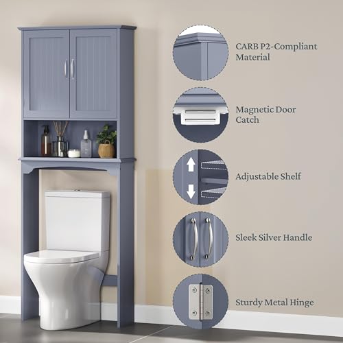 Yaheetech Over The Toilet Bathroom Cabinet with 2 Doors & Adjustable Shelf, Free Standing Toilet Rack Space-Saving, L24.5xW9xH66 Inches, Grey - color: Grey