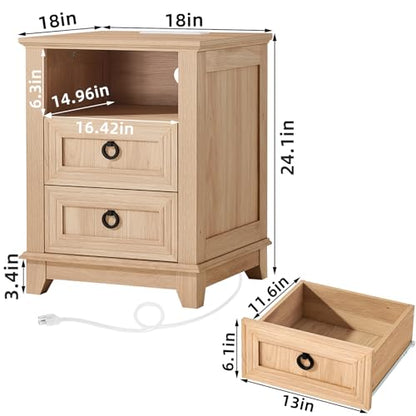 Joaxswe 18" Farmhouse Night Stand with Charging Station, 2 Drawers Bedside End Table, Natural Wooden Nightstand, Bed Side Table Cabinet with Open Shelf for Bedroom Living Room Office - color: Natural Set 1, size: 2 Drawers