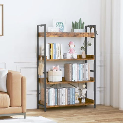 HCHQHS 4 Tier Bookshelf, Adjustable Industrial Bookcase, Vertical Tall Book Shelf, Wood and Black Metal Open Bookshelves for Home Office, Living Room, Bedroom - color: Rustic Brown, size: 4-Tier (31.5"W x 44"H)