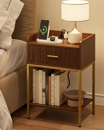 Nightstand with Charging Station, 3-Tier Bed Side Table, Small End Table, Night Stand with Open Shelf and Drawer, Bedside Table for Bedroom, Living Room, Walnut - color: Walnut, style: With Charging Station