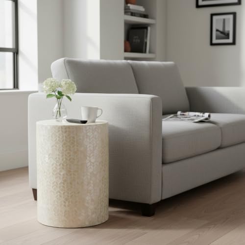 PEMAR Capiz Shell Cylinder Drum End Table Nacre Side Table Stool Round Drum Accent Coffee Bedside Nightstand and Vanity Stool, 13" Diameter x 19.3" High, White Cream - color: White Cream