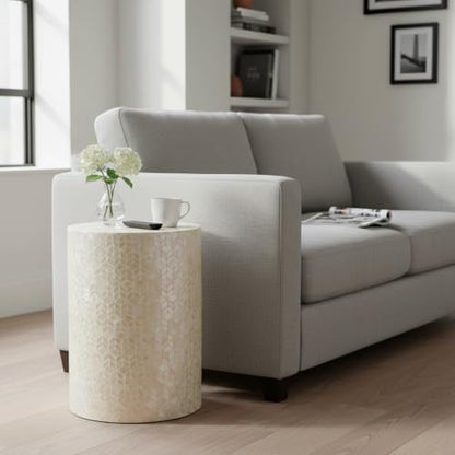 PEMAR Capiz Shell Cylinder Drum End Table Nacre Side Table Stool Round Drum Accent Coffee Bedside Nightstand and Vanity Stool, 13" Diameter x 19.3" High, White Cream - color: White Cream