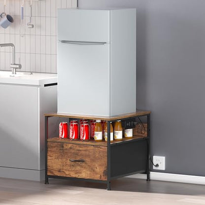 Unionly Mini Fridge Stand with drawer Storage,shelf & Power Outlet | 180lb Mini Fridge Table with Charging Station,Heavy duty small refrigerator shelf,white end table for Living Room,Kitchen - color: Brown