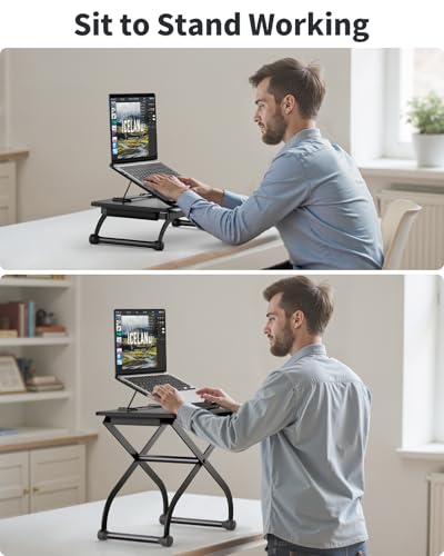 SAIJI Metal Small Laptop Desk Standing Converter Adjustable Desk Riser | 23" Height & Angle Adjustable Laptop Desk for Table, Sit-Stand Workstation, Table Extender for Desk