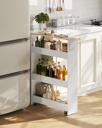 CHOEZON Slim Storage Cart with Wheels, 5.5" Narrow 4-Tier Rolling Cart, Multi-Purpose Utility Cart for Kitchen, Bathroom, Laundry Room, Living Room, White and Natural MTC02WN