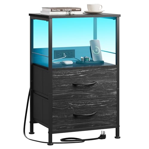 WLIVE Night Stand with Charger Station, LED Nightstand for Bedroom, Small Dresser with 2 Fabric Drawers for Small Spaces, Bed Side Table, Charcoal Black and Wood Grain Print - color: Charcoal Black