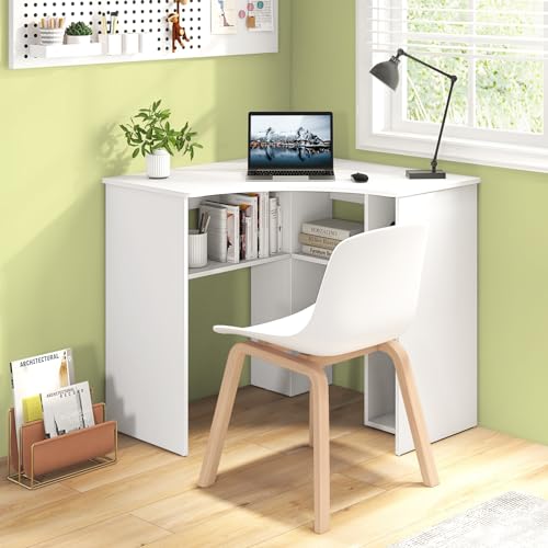 Small Corner Desk with Storage, Triangle Corner Gaming Desk with Adjustable Shelves, Compact Vanity Desk, L-Shaped Corner Computer Desk for Small Space, Bedroom, Living Room (White)