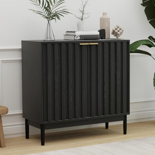 Otterease Fluted Cabinet with Storage, Buffet Cabinet Sideboard with Door, Kitchen Buffet Storage Accent Cabinets with Adjustable Shelves for Living Room, Entry, Hallway, Black - color: Black, size: 14.2"D x 31.5"W x 31.9"H
