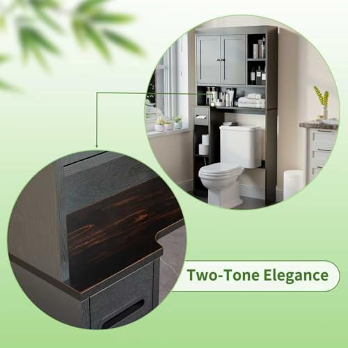 Over The Toilet Storage Cabinet with 7 Shelves, Imitation Walnut Grain Above Toilet Bathroom Organizer with Toilet Paper Holder Stand, Space Saver for Restroom, Laundry, Bathroom (Black) - color: Black
