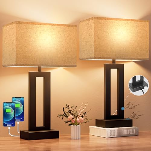 Seealle Bedroom Lamps for Night Stands - Touch Control, 3 Way Dimmable, USB C+A Charging, LED Bulbs, Easy Assembly - color: A. Beige&Black, size: Medium(19.6in)