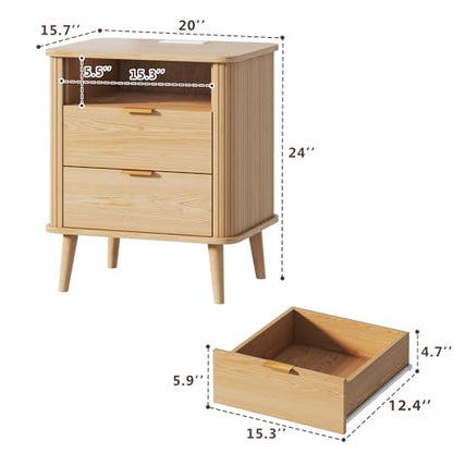 Fluted Nightstand, Night Stand with Charging Station, Mid Century Modern Bedside Table with Drawer & Open Shelf, Curved Profile Design, End Side Table with Storage for Bedroom, Oak - color: Natural Oak