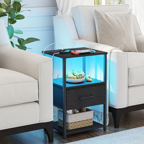 TUTOTAK LED Nightstand Set of 2, Night Stand with Charging Station, End Table, Bedside Table with Fabric Drawer, Side Table for Livingroom and Bedroom, Black TB01BK0692L - color: Black, style: Plug&LED