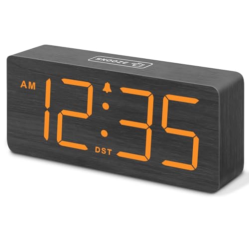 DreamSky Wooden Digital Alarm Clock for Bedroom with Large Numbers | Desk Clocks for Living Room, Loud Alarm for Heavy Sleepers with Volume Control, Dimmer, DST, Office Wood Decor (Plug-in) - color: Amber (Plug-in)