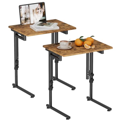 Adjustable Folding TV Tray Table,TV Dinner Small Foldable C-Shaped End Table for Eating,6 Height Adjustable Slide Under Couch Side with Sturdy MDF Top,No Assembly(Brown,2Pcs) - color: Brown, size: 2PCS