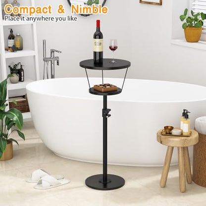Small Side Table, 2 Tier Drink Table, Height Adjustable Round End Table, Pedestal Side Table for Small Spaces in Living Room, Bedroom, Black - color: Black-2 Tier