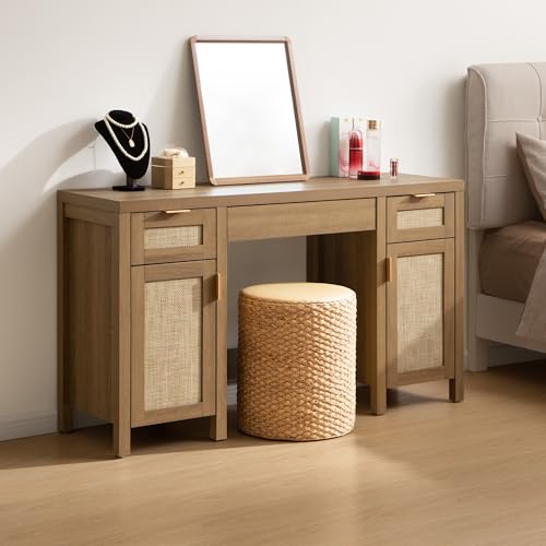 SICOTAS Rattan Vanity Home Office Desk 52" Vanity Table with 3 Drawers | Farmhouse Boho Makeup Vanity Dressing Table with Large Storage, Vanities Desk for Makeup Room, Bedroom, Office - size: 1 Piece, style: Reclaimed Caramel Oak