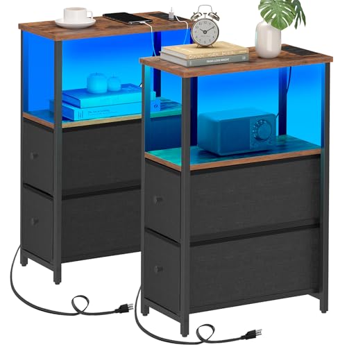 TUTOTAK Small Narrow LED End Table with Charging Station, Side Table Outlets, Nightstand with 2 Cloth Drawers, Set of 2, Couch Table, for Living Room, Bedroom, Bedside, Brown and Black TB01BB056K - color: Brown and Black, style: 2 Drawers with Plug & Ligh