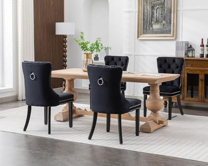 KCC Velvet Dining Chairs Set of 2, Upholstered High-end Tufted Dining Room Chair with Nailhead Back Ring Pull Trim Solid Wood Legs, Nikki Collection Modern Style for Kitchen, Black - color: Black, size: Set of 2