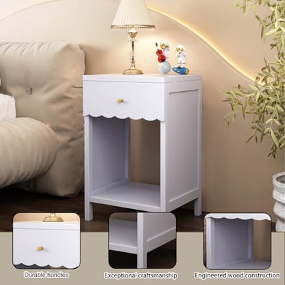 26“ Modern White Nightstand with Drawer and Open Shelf, Scalloped Edge Bedside Table for Bedroom, Cute Minimalist Side Table for Girls' Room (Light Purple)