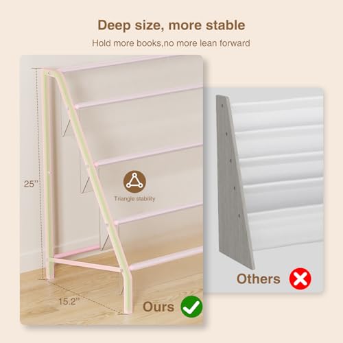 Trieez High-Transparent 4 Tier Kids Bookshelf, Sturdy Metal Large Size Book Rack Storage for Kids - Toddler Book Shelf Display for Nursery, Kids Room, Deep Size Bookshelf Hold More Books, Pink