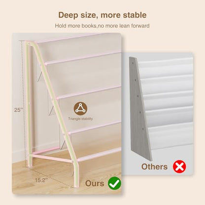 Trieez High-Transparent 4 Tier Kids Bookshelf, Sturdy Metal Large Size Book Rack Storage for Kids - Toddler Book Shelf Display for Nursery, Kids Room, Deep Size Bookshelf Hold More Books, Pink
