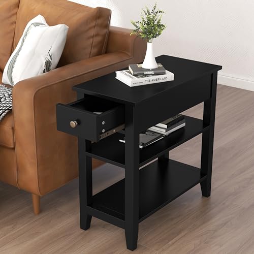 ChooChoo Side Table Living Room, Narrow End Table with Drawer and Shelf, 3-Tier Sofa End Table for Small Space, Black - color: Ink Black