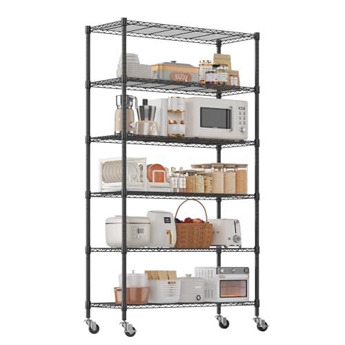 Homdox 6-Tier Wire Shelving Unit with Wheels, Adjustable Metal Storage Shelves, Rolling Storage Rack for Garage, Pantry, Kitchen, Laundry Room, 46 x 18 x 84 Inch, Black - color: Black, size: 18"Dx 46"Wx 84"H, 6 Tier