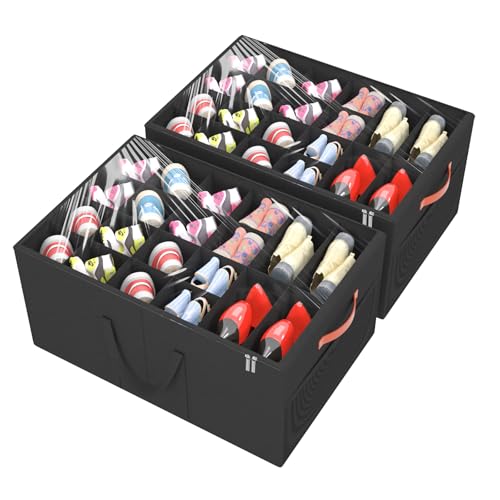 Aokeyee 2 Pack Shoe Organizer for Closet, Large Shoe Storage Box, Black | Fits up to 48 Pairs, Stackable, Space Saving, Foldable, Shoes Organizer Bin with Clear Cover, 4 Reinforced Handles - color: Black, size: Fits up to 48 Pairs