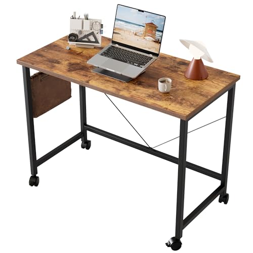 Mericonia 32 inch Rolling Computer Desk with Wheels, Gaming Desk for Small Spaces, Modern Simple Style Table for Home Office, Study Writing Table - color: Rustic Brown, size: 32"x15.8"