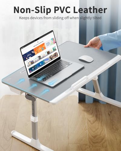 Laptop tray, SAIJI 60*45cm Table lap for bed, Multi-purpose Premium Lapdesk, Height Angle adjustable, with Book Stand, Drawer, Tablet slot, for Eating, Working, Writing, Gaming, Drawing (Light Grey) - color: Gray