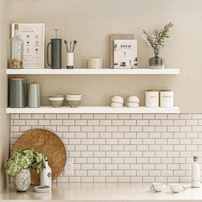 Ballucci Floating Shelves, 55" Wood Wall Shelf Set of 2, with Invisible Brackets for Bathroom, Living Room, Bedroom, Kitchen, Nursery, 6" Deep, White - color: White, size: 55.1 inches