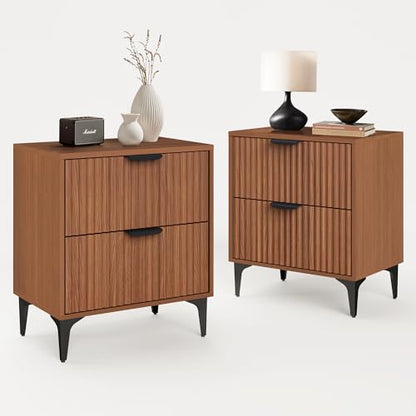 Walnut Fluted Nightstand Set of 2, Modern Night Stands with 2 Drawers | Bedside Table for Twin/Full/Queen Bed, End Table with Robot-friendly Metal Legs for Bedroom, Living Room - color: 2 Drawers-2pcs-walnut